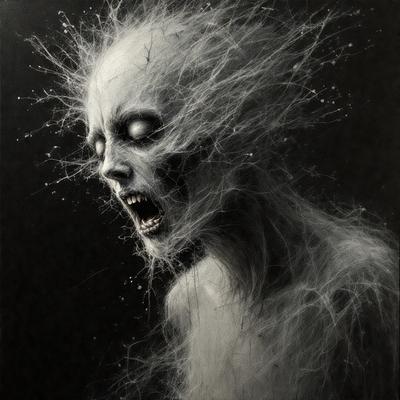 The primary subject of the image is a person with a mouth wide open, possibly screaming or yawning. The person is surrounded by a black background, which adds to the dramatic effect of the scene. The visual style of the image is a combination of digital art and illustration, creating a striking and intense atmosphere. The dominant colors in the image are black and white, which further emphasize the dramatic nature of the scene.